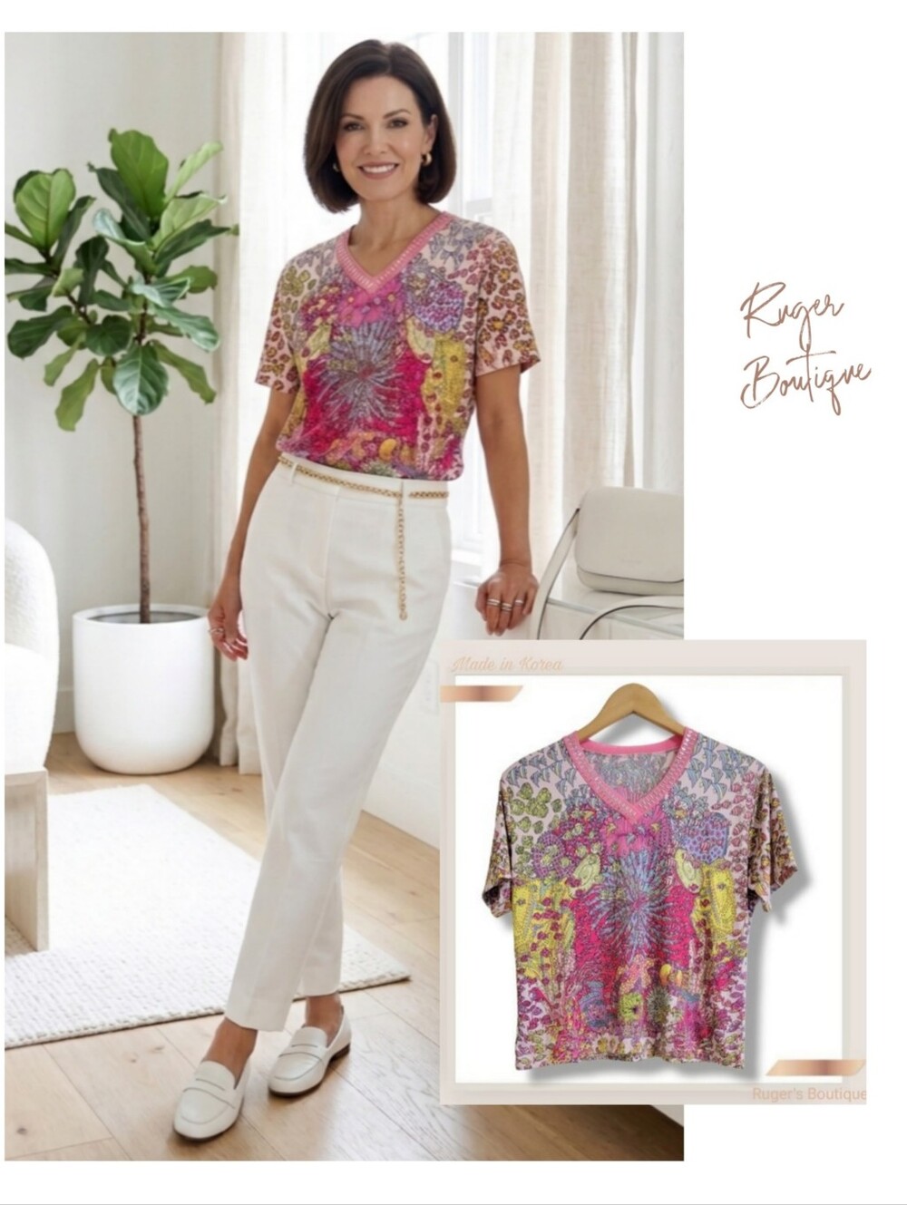 🌿Vibrant Korean-Made Women's Boho Print V-Neck Top - Estimated Size Medium🌻
